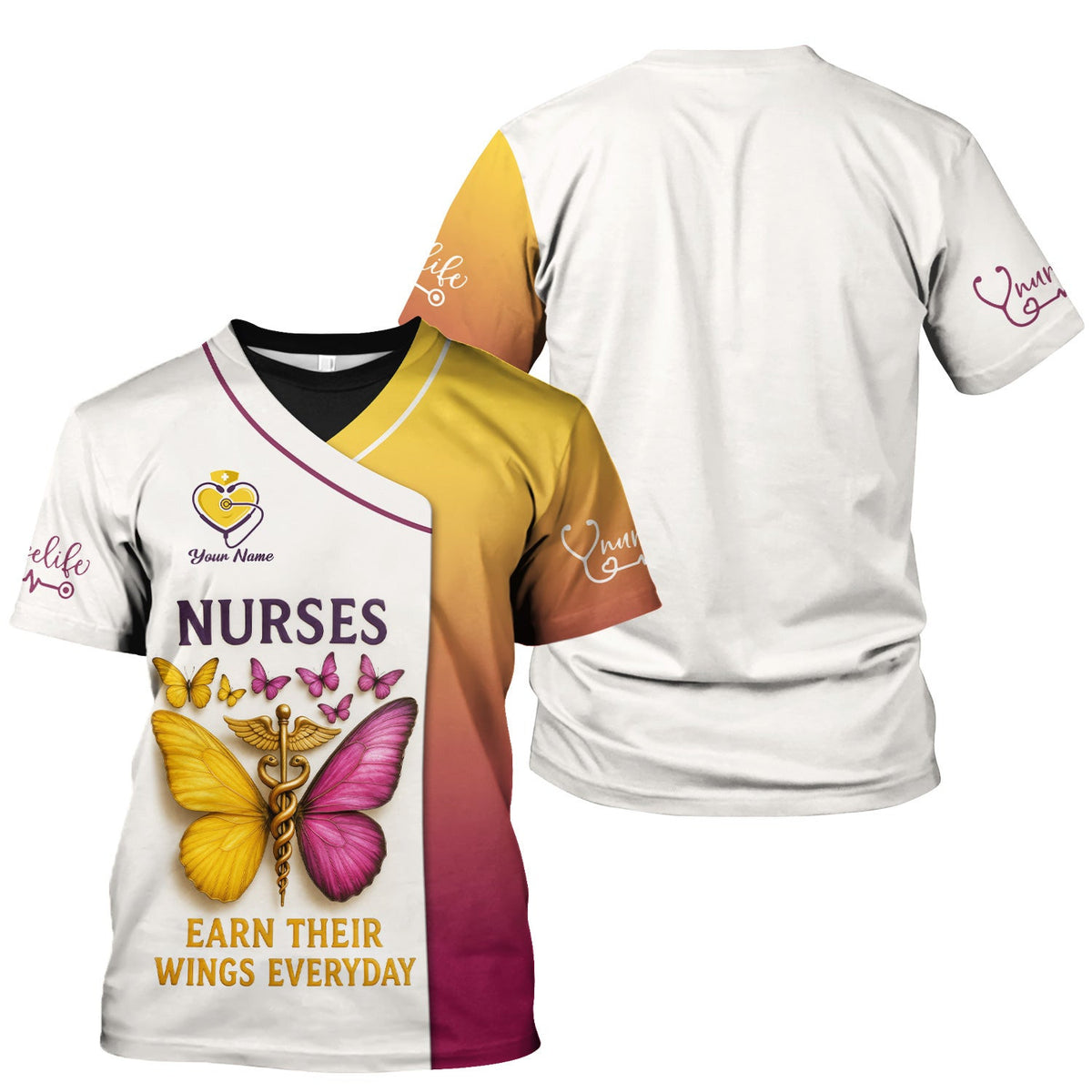 Personalized Butterfly Nurse Shirt - Nurses Earn Their Wings Everyday - Custom RN LPN CNA Uniform Top Gift for Women