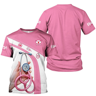 Personalized Nurse Shirt for Women - Pink Stethoscope Gift for RN CNA LPN - Custom Name Medical Uniform Tee