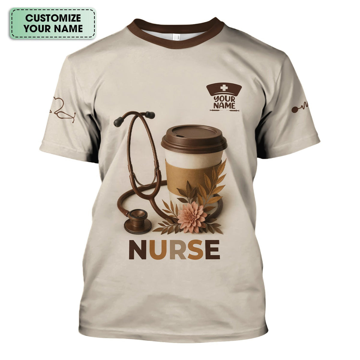 Personalized Coffee Nurse Shirt - Brown Stethoscope Floral Design - Cute Gift for RN LPN CNA Women