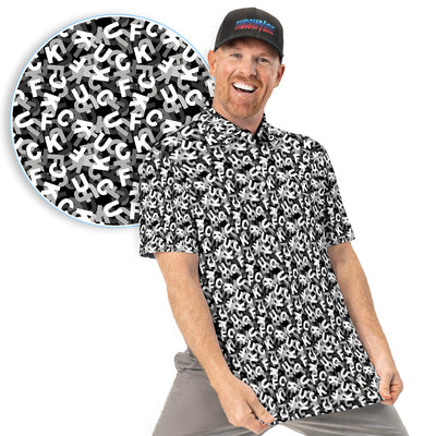 Funny F-Bomb Pattern Polo Shirt for Men – Black and White Profanity Party Polo