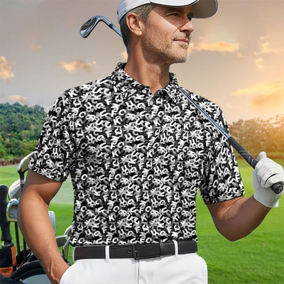 Funny F-Bomb Pattern Polo Shirt for Men – Black and White Profanity Party Polo