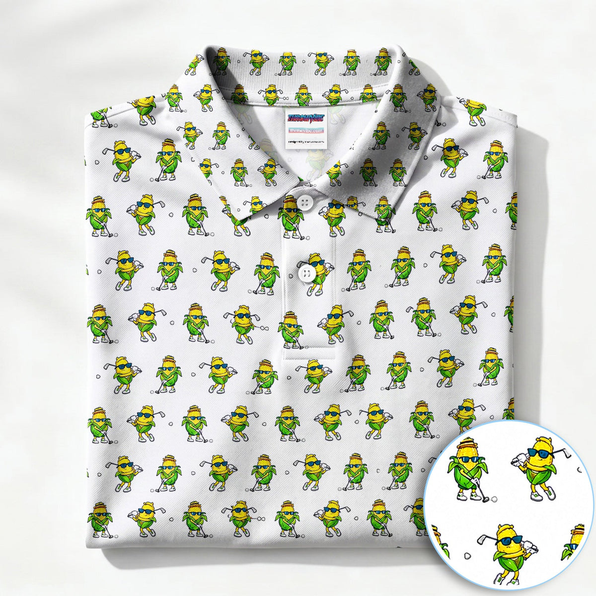Funny Corn Golfer Pattern Golf Shirt, Cartoon Corn Golf Polo Shirt For Men, Golf Lover Gift