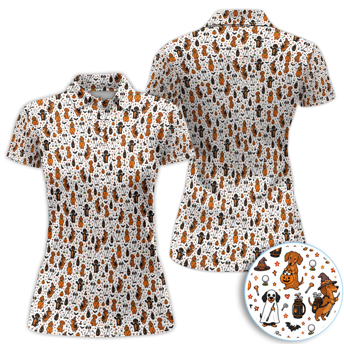 Halloween Dog Golf Polo Shirt for Women– Funny Spooky Golfer Pattern Polo