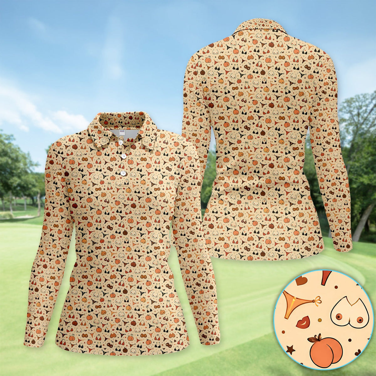 Funny Women’s Adult Humor Polo Shirt – Hidden Cheeky Peach & Bikini Pattern Polo, Girls Party Gift