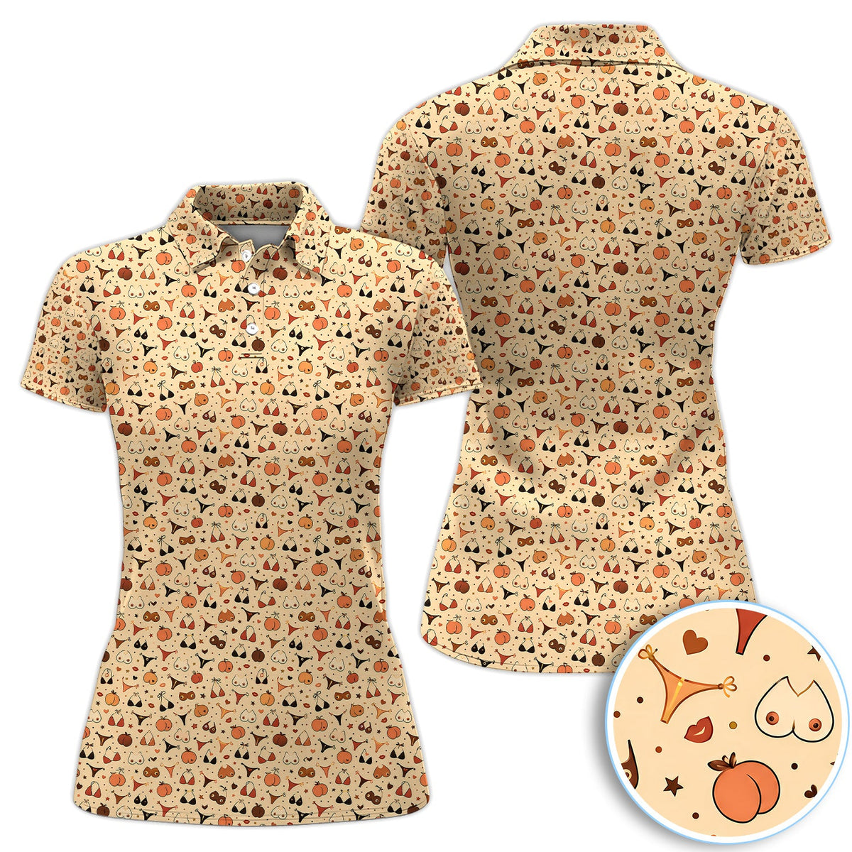 Funny Women’s Adult Humor Polo Shirt – Hidden Cheeky Peach & Bikini Pattern Polo, Girls Party Gift