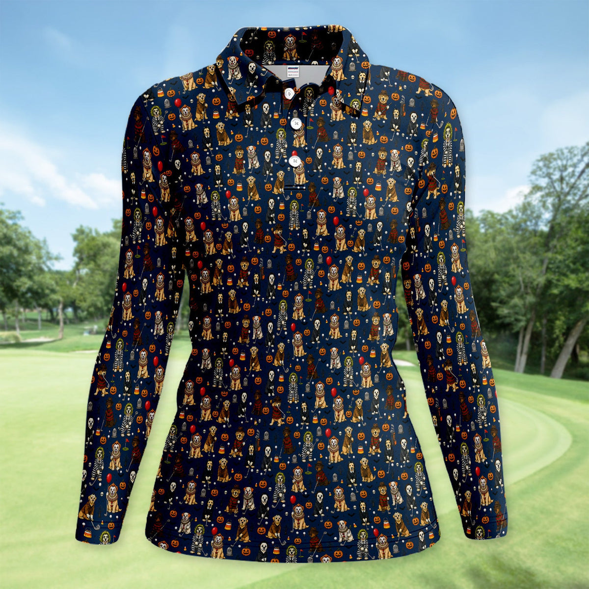 Funny Horror Dog Halloween Golf Pattern Shirt, Spooky Movie Dog Golf Shirt For Women, Halloween Golfer Gift