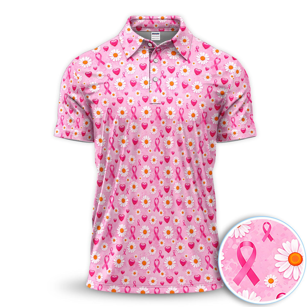 Pink Ribbon Daisy Heart Pattern Polo - Breast Cancer Awareness Polo Shirt for Men