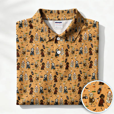 Funny Horror Dog Golf Pattern Shirt, Spooky Movie Dog Golf Shirt For Men, Halloween Golfer Gift