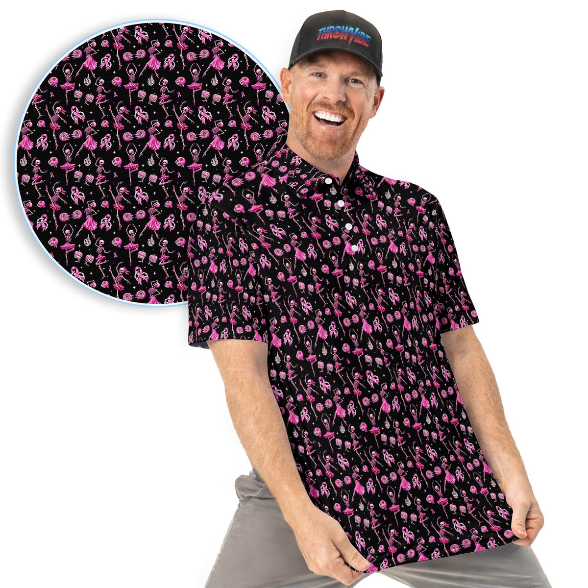 Dancing Skeleton Pattern Polo for Men - Breast Cancer Awareness Skeleton Polo Shirt