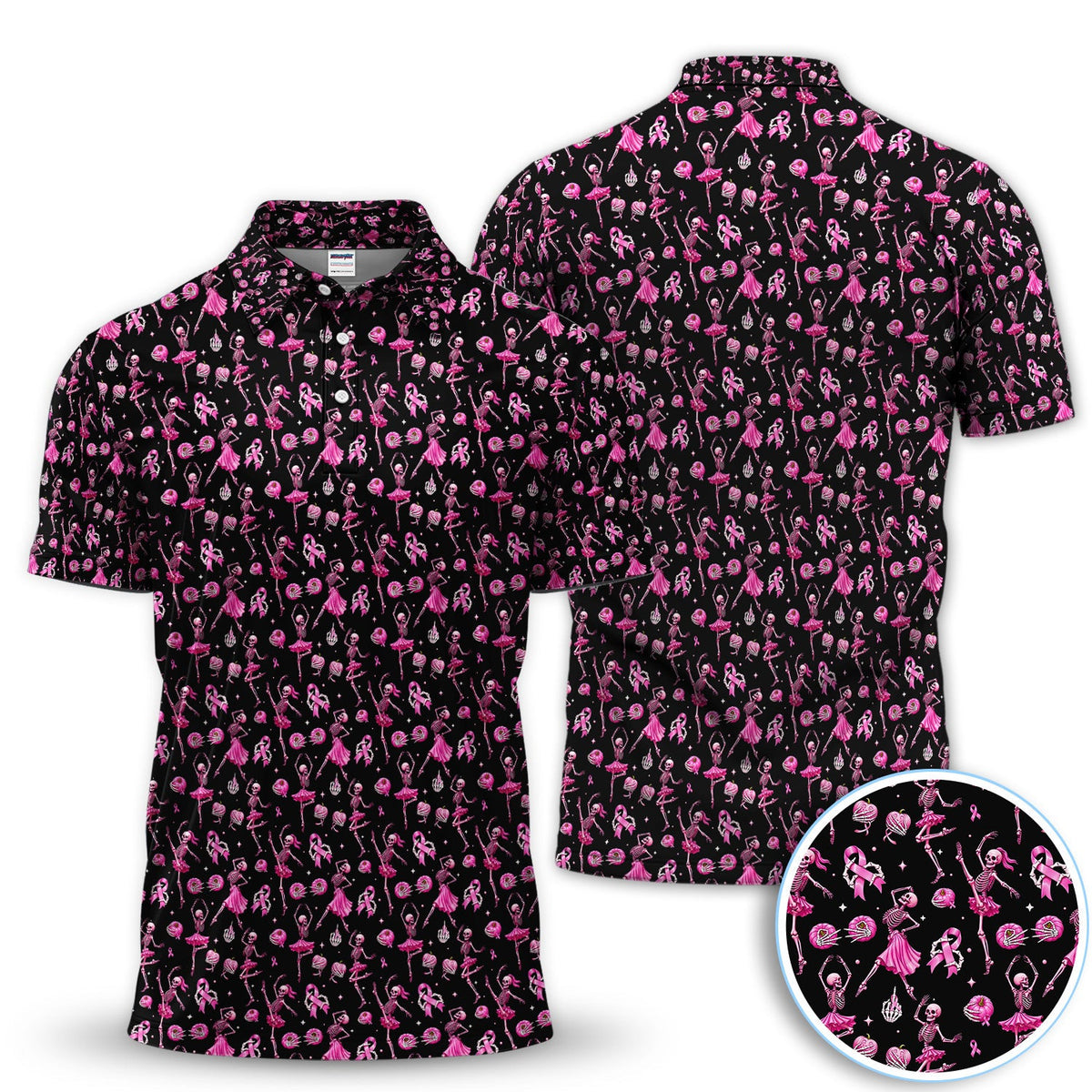 Dancing Skeleton Pattern Polo for Men - Breast Cancer Awareness Skeleton Polo Shirt