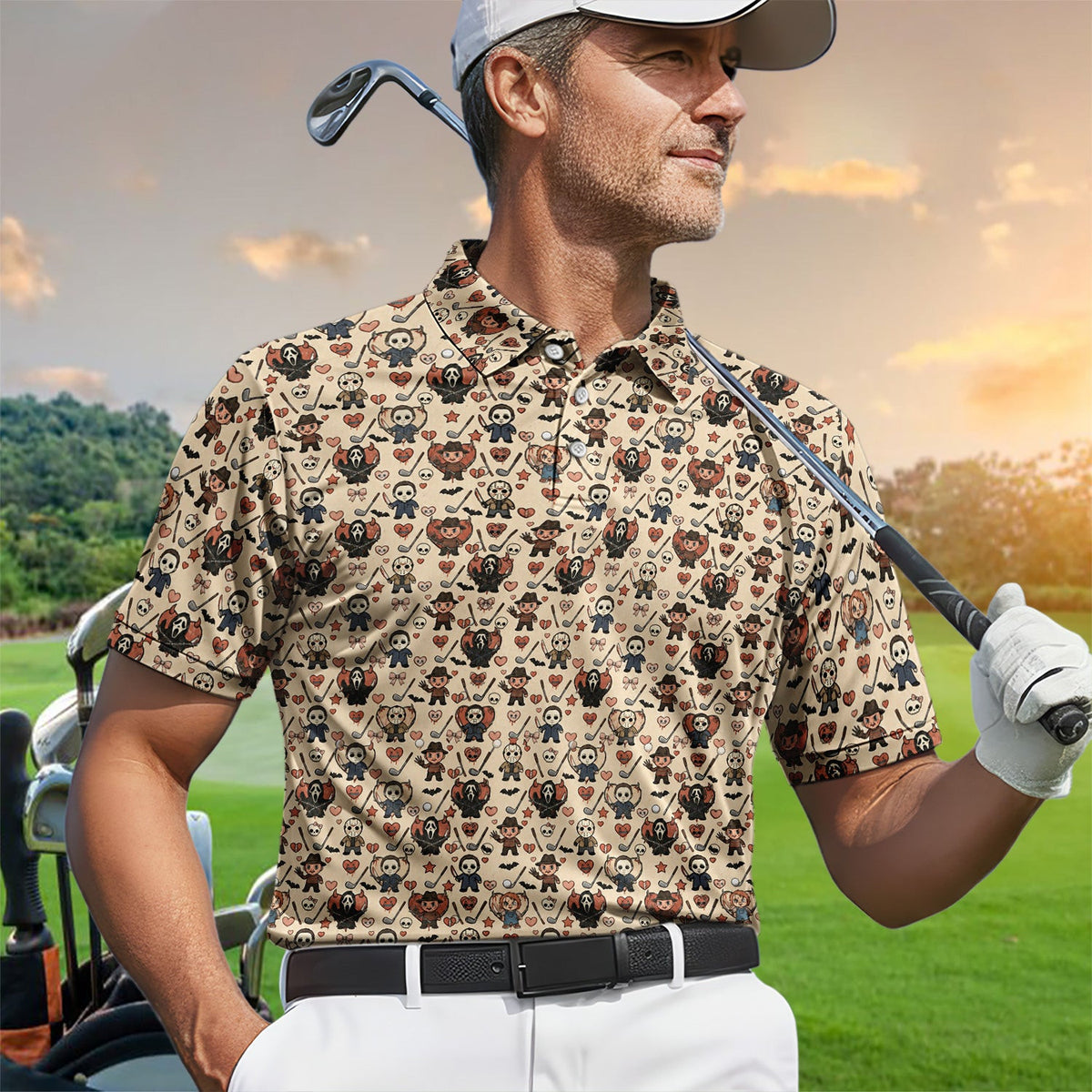 Halloween Horror Golf Polo Shirt for Men – Spooky Masked Monsters Pattern Shirt