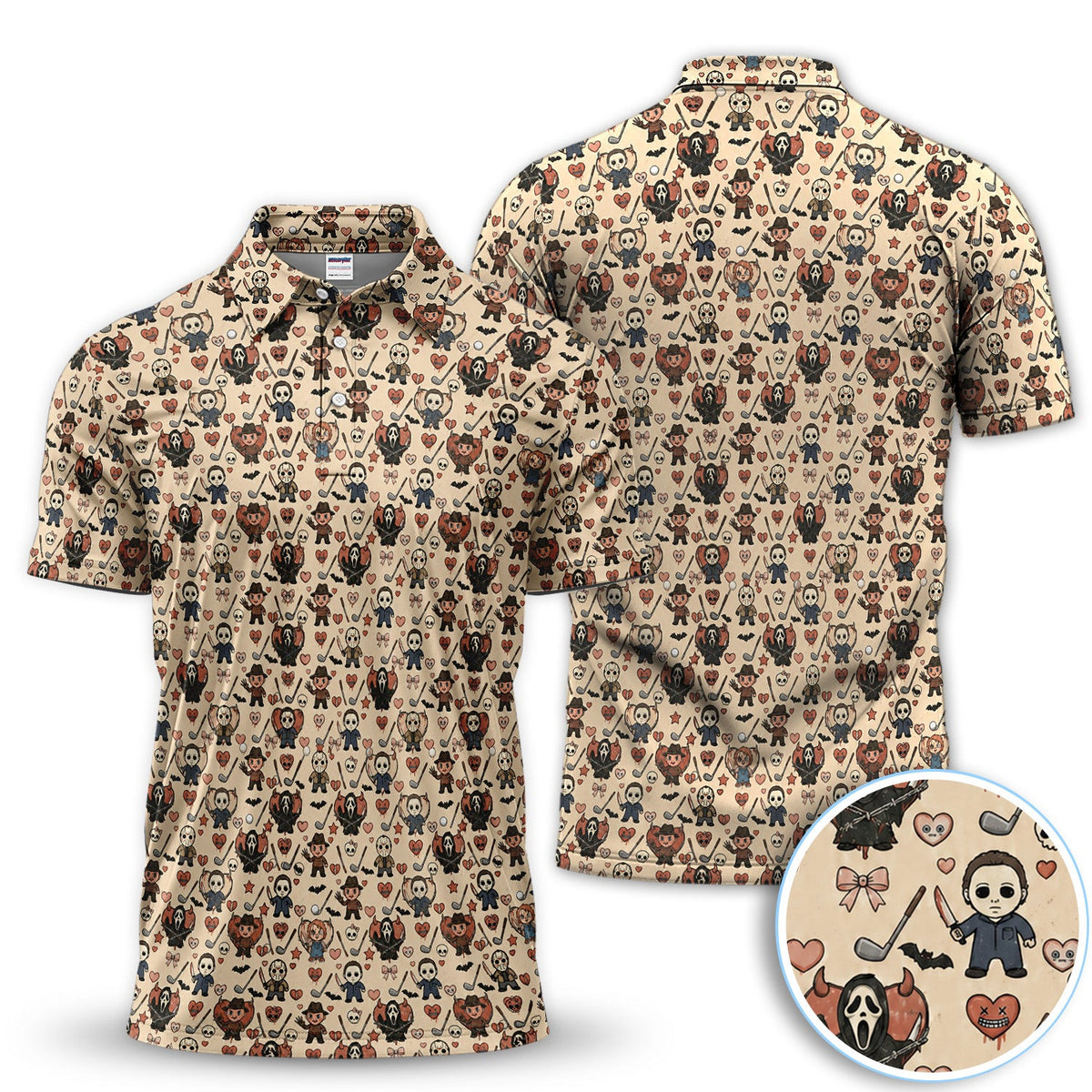Halloween Horror Golf Polo Shirt for Men – Spooky Masked Monsters Pattern Shirt