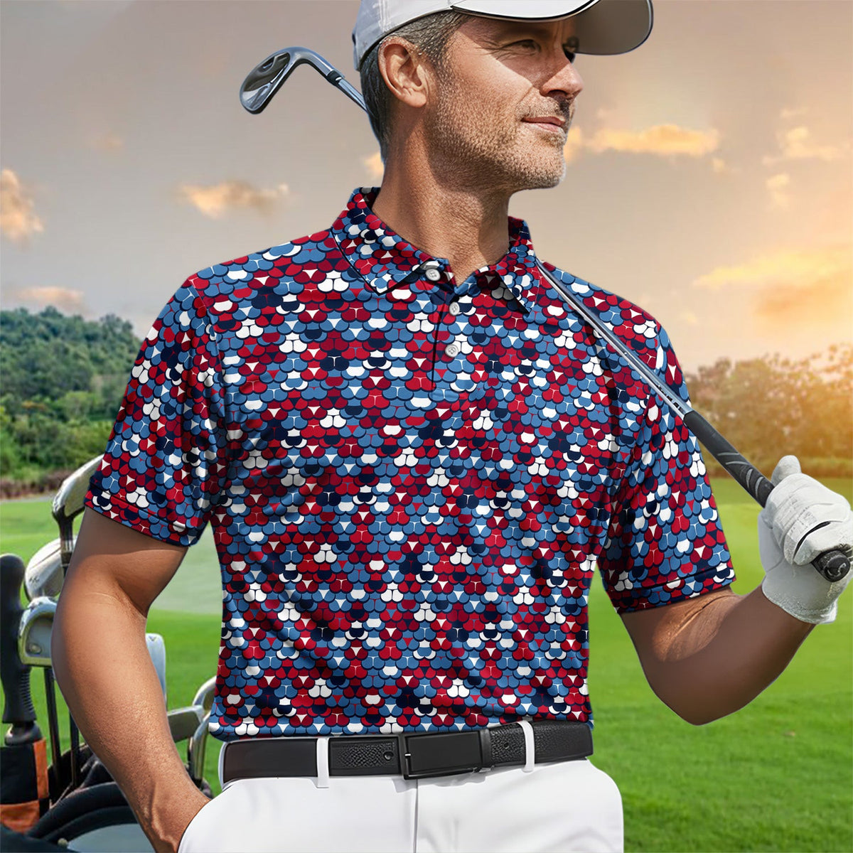 Freedom Cheeks Polo Shirt for Men – Funny Red White and Blue Butt Pattern Golf Shirt