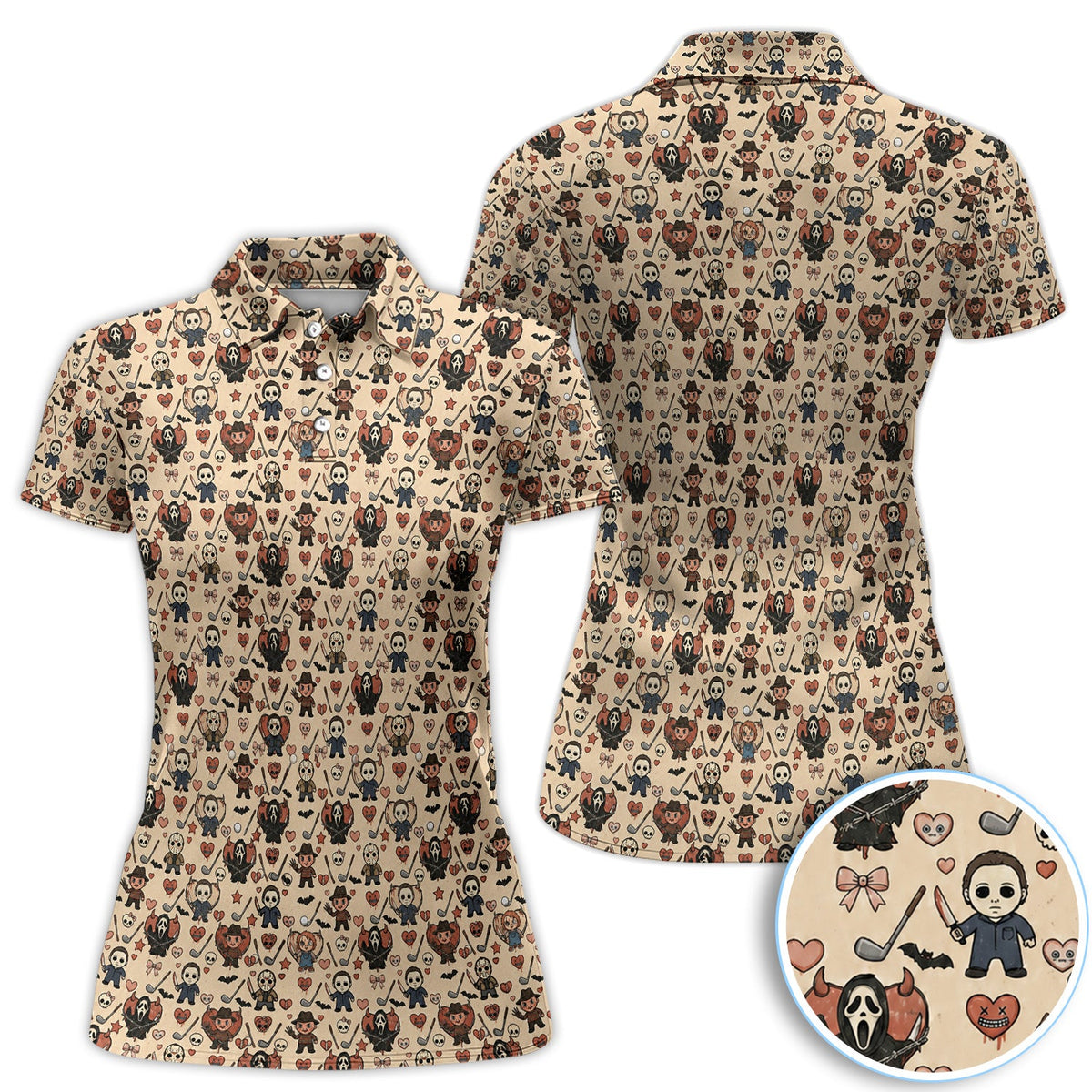 Halloween Horror Golf Polo Shirt for Men – Spooky Masked Monsters Pattern Shirt