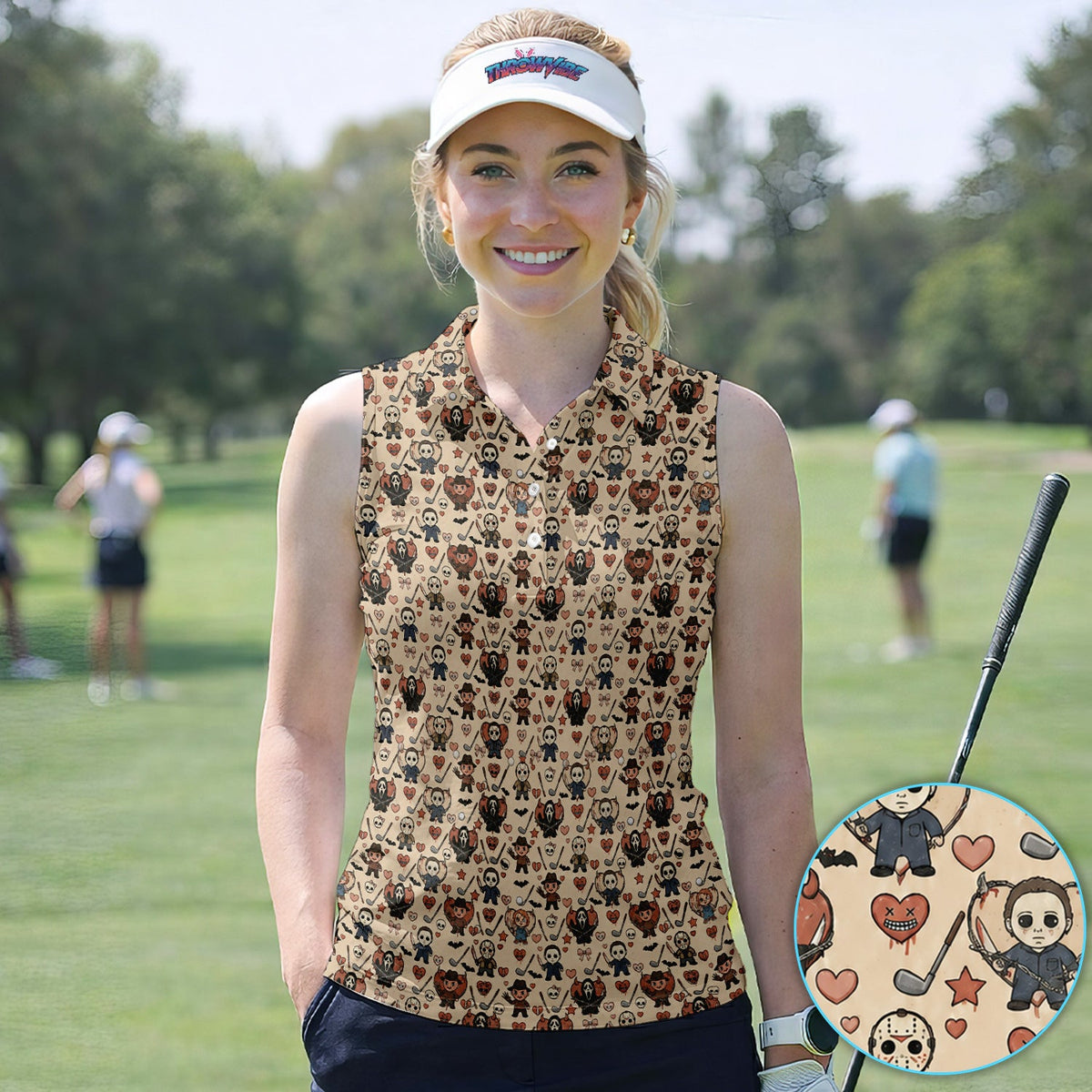 Halloween Horror Golf Polo Shirt for Men – Spooky Masked Monsters Pattern Shirt