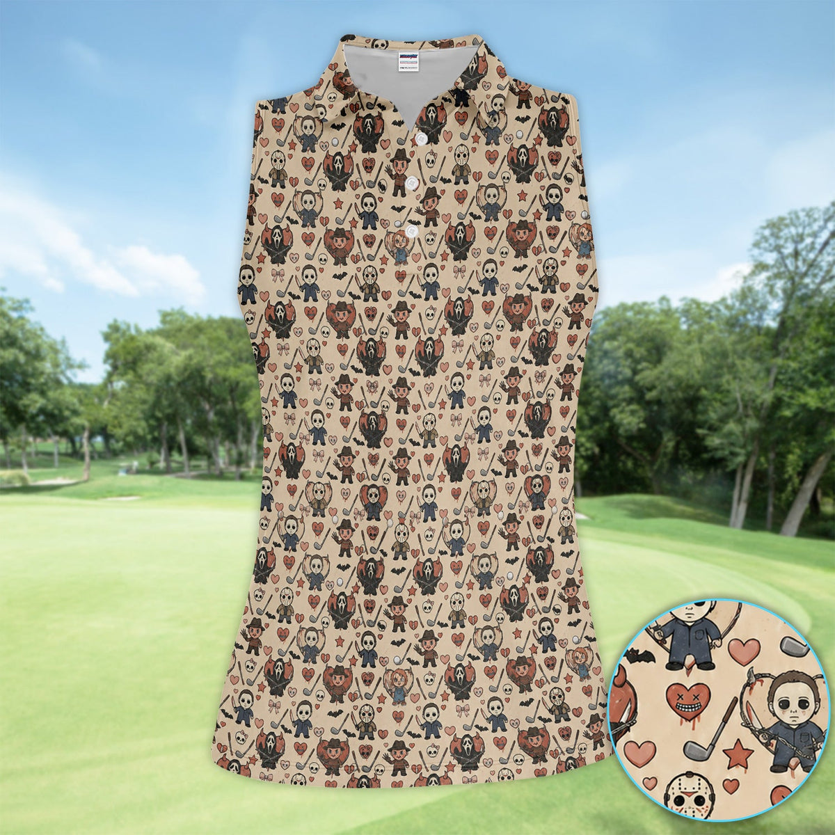 Halloween Horror Golf Polo Shirt for Men – Spooky Masked Monsters Pattern Shirt