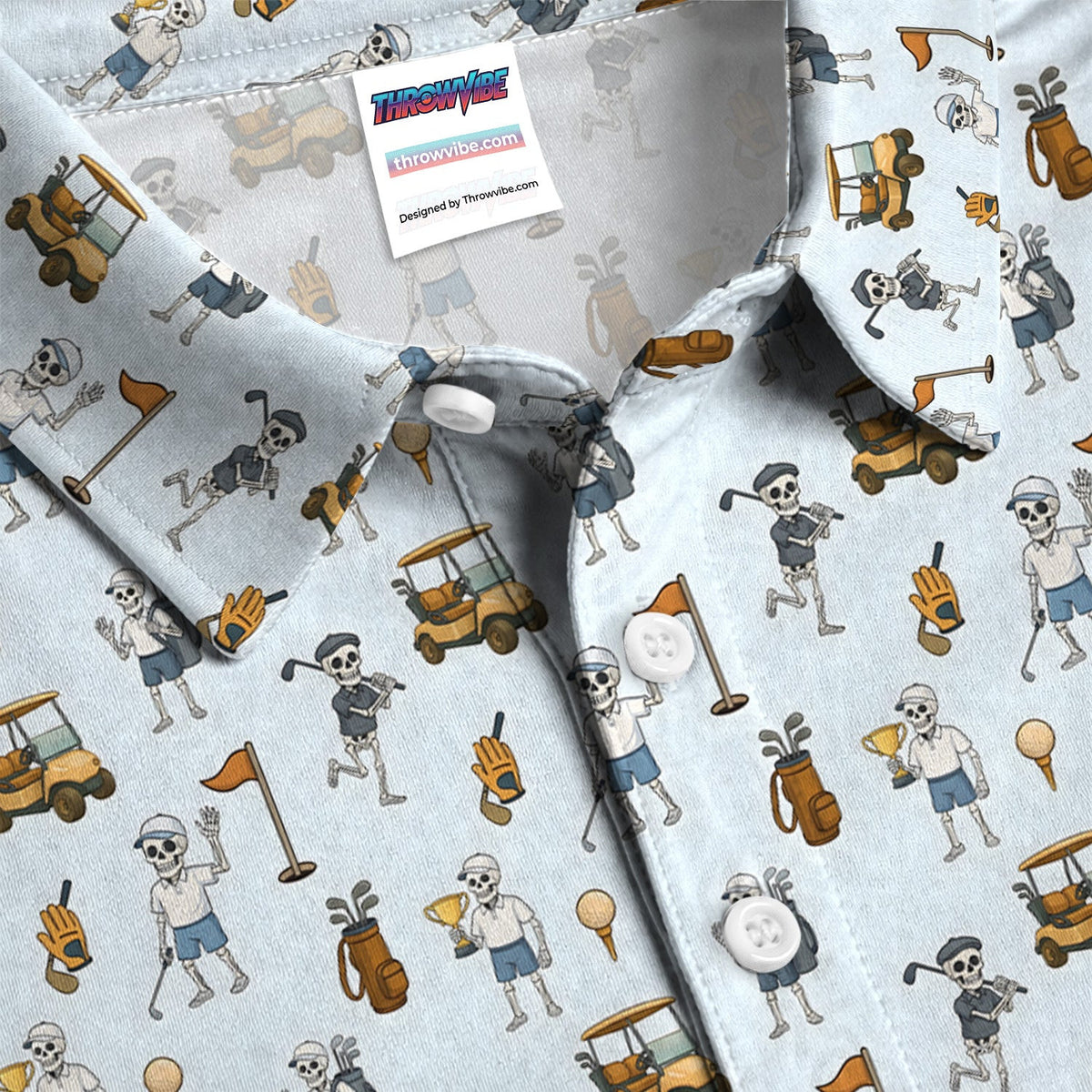 Skeleton Golf Party Polo Shirt for Men – Funny Dancing Golfer and Golf Cart Pattern Shirt
