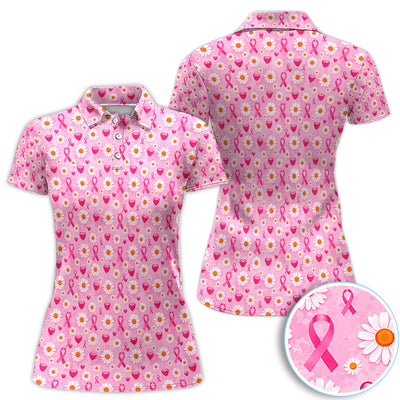 Pink Ribbon Daisy Heart Pattern Polo - Breast Cancer Awareness Polo Shirt for Women