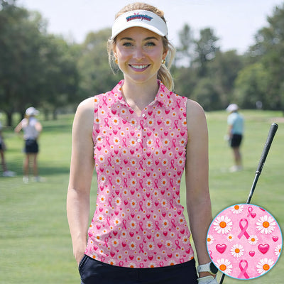 Pink Ribbon Daisy Heart Pattern Polo - Breast Cancer Awareness Polo Shirt for Women