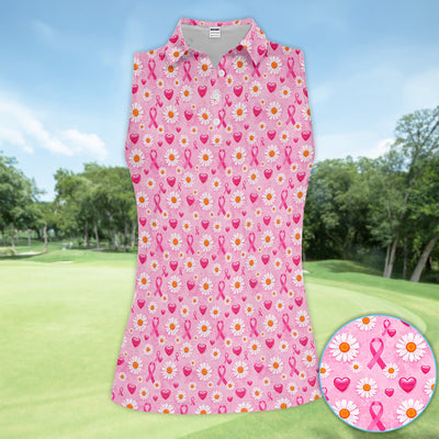 Pink Ribbon Daisy Heart Pattern Polo - Breast Cancer Awareness Polo Shirt for Women