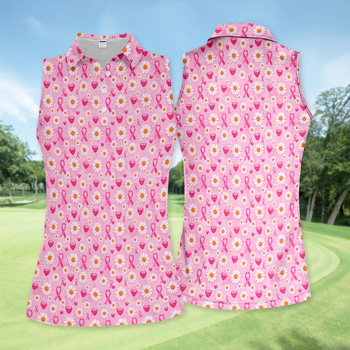 Pink Ribbon Daisy Heart Pattern Polo - Breast Cancer Awareness Polo Shirt for Women