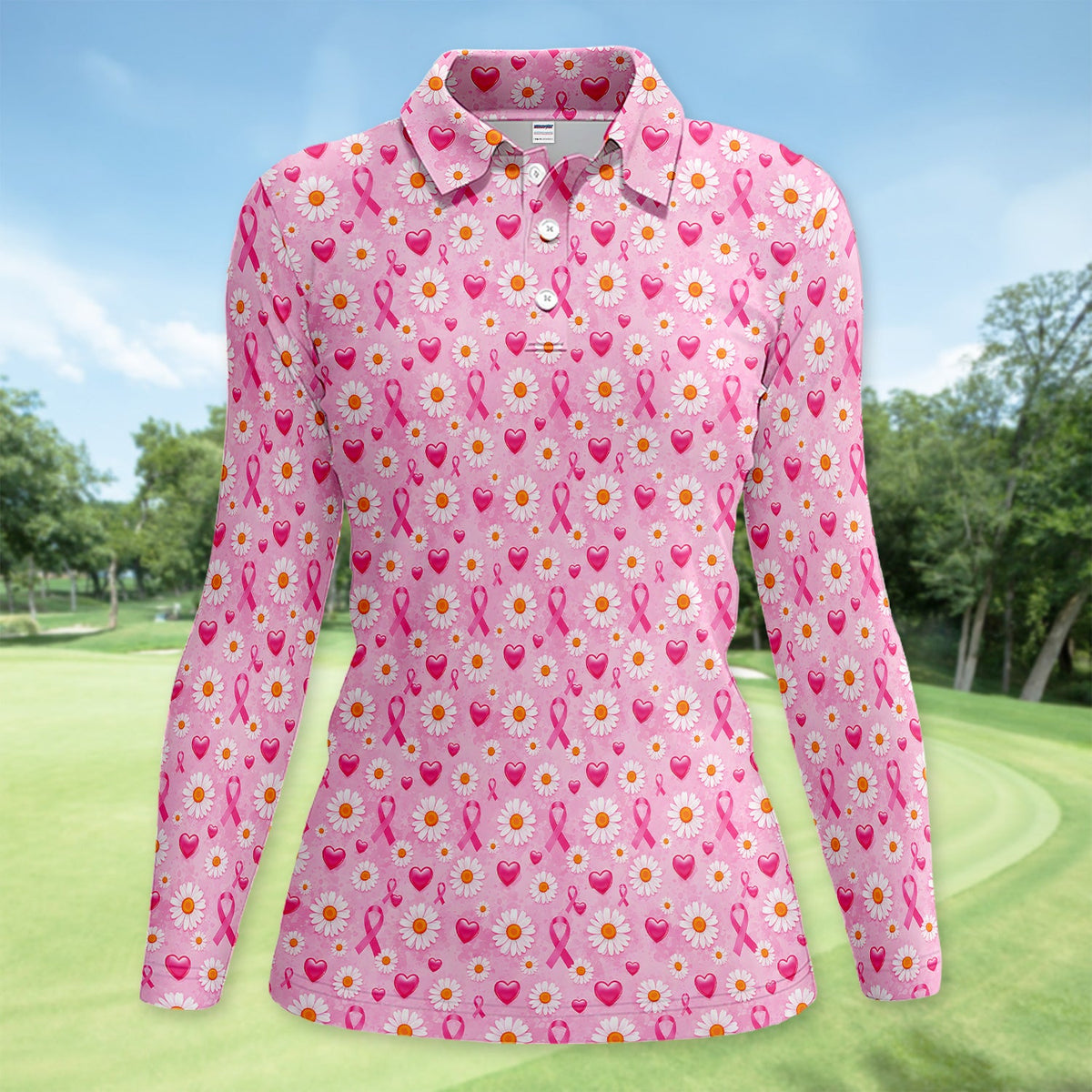 Pink Ribbon Daisy Heart Pattern Polo - Breast Cancer Awareness Polo Shirt for Women