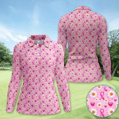Pink Ribbon Daisy Heart Pattern Polo - Breast Cancer Awareness Polo Shirt for Women
