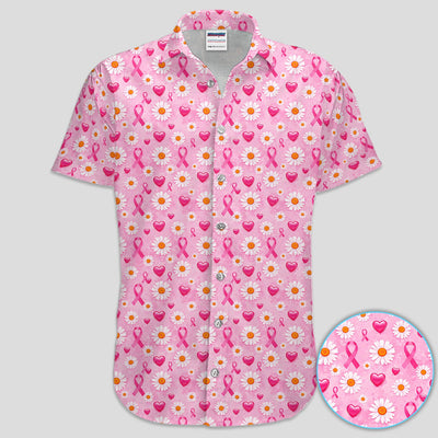 Pink Ribbon Daisy Heart Pattern Polo - Breast Cancer Awareness Polo Shirt for Women
