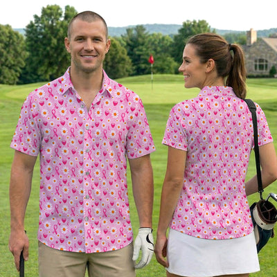 Pink Ribbon Daisy Heart Pattern Polo - Breast Cancer Awareness Polo Shirt for Women