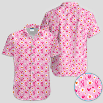 Pink Ribbon Daisy Heart Pattern Polo - Breast Cancer Awareness Polo Shirt for Women