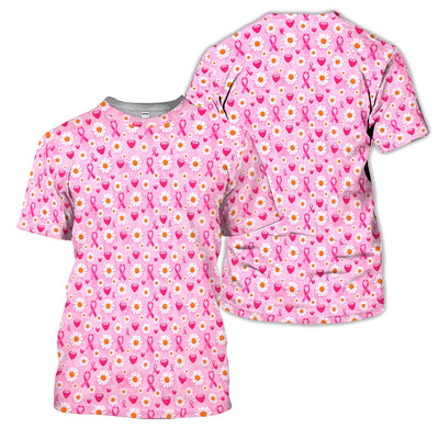 Pink Ribbon Daisy Heart Pattern Polo - Breast Cancer Awareness Polo Shirt for Women