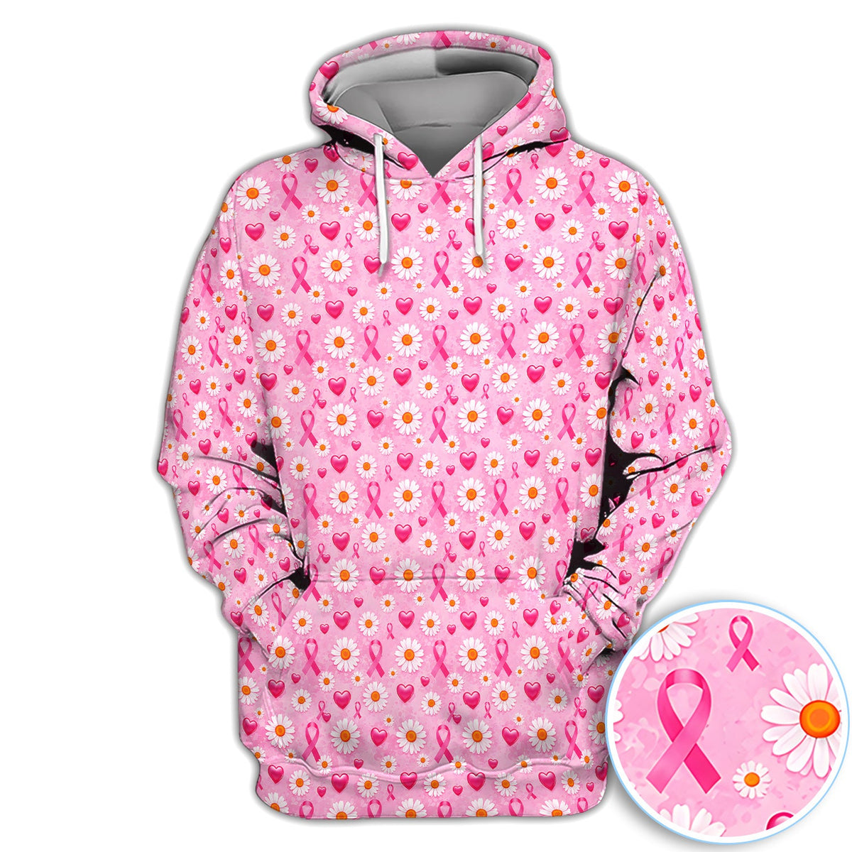 Pink Ribbon Daisy Heart Pattern Polo - Breast Cancer Awareness Polo Shirt for Women