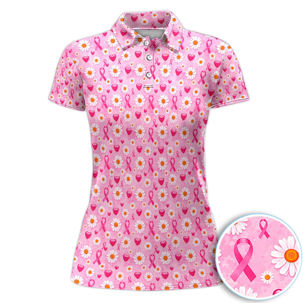 Pink Ribbon Daisy Heart Pattern Polo - Breast Cancer Awareness Polo Shirt for Women