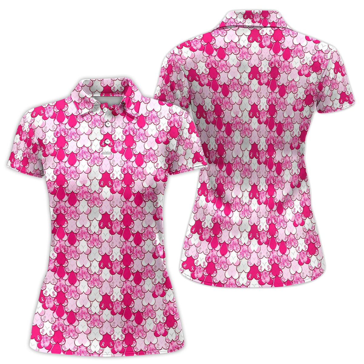 Breast Cancer Awareness Heart Polo Shirt for Women – Pink Ribbon Layered Hope Pattern Polo