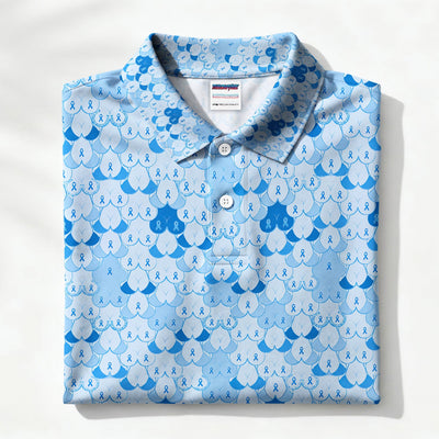 Prostate Cancer Awareness Polo Shirt for Men – Blue Ribbon Heart Pattern Support Polo