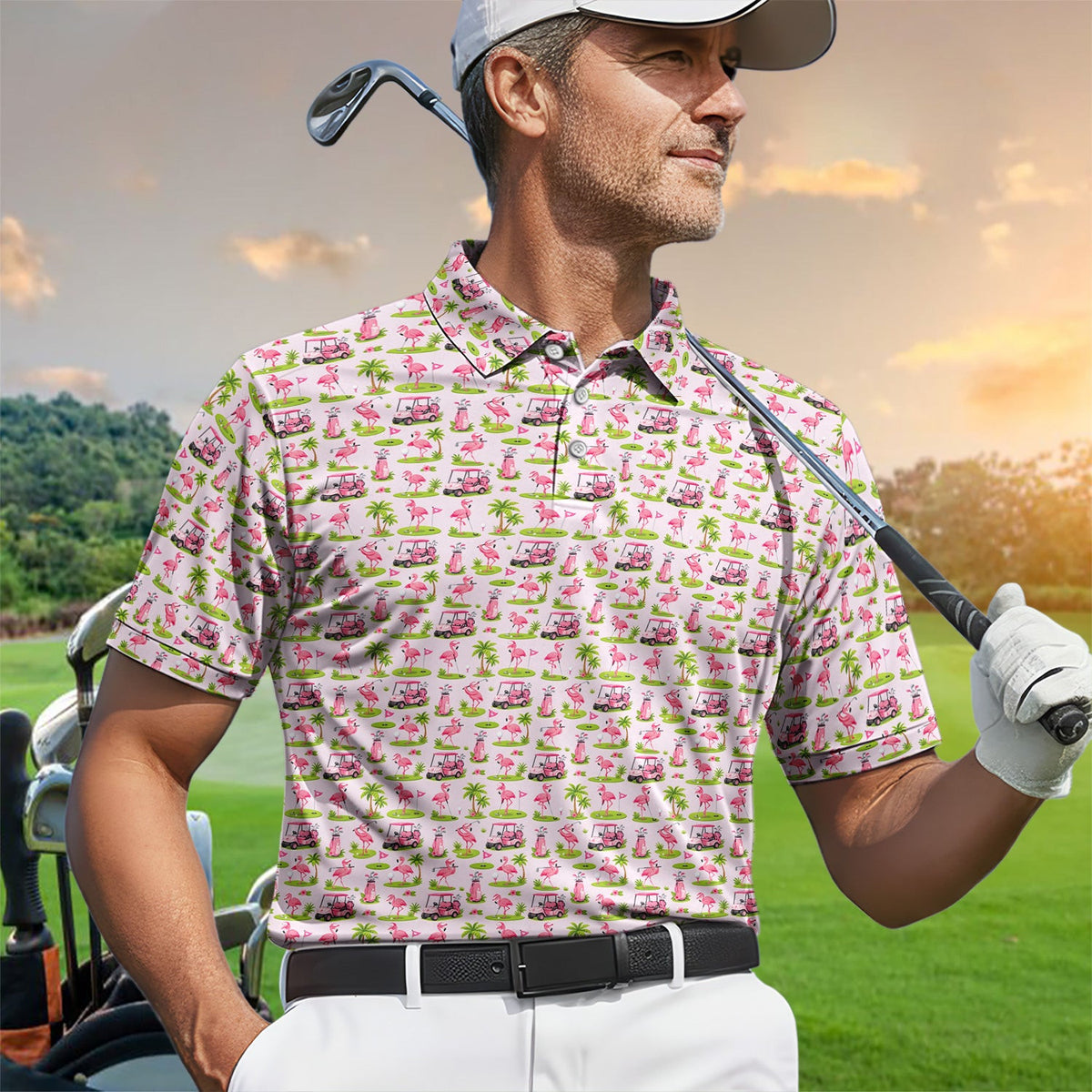 Pink Flamingo Golf Polo Shirt for Men – Tropical Flamingo Golf Cart Pattern Shirt