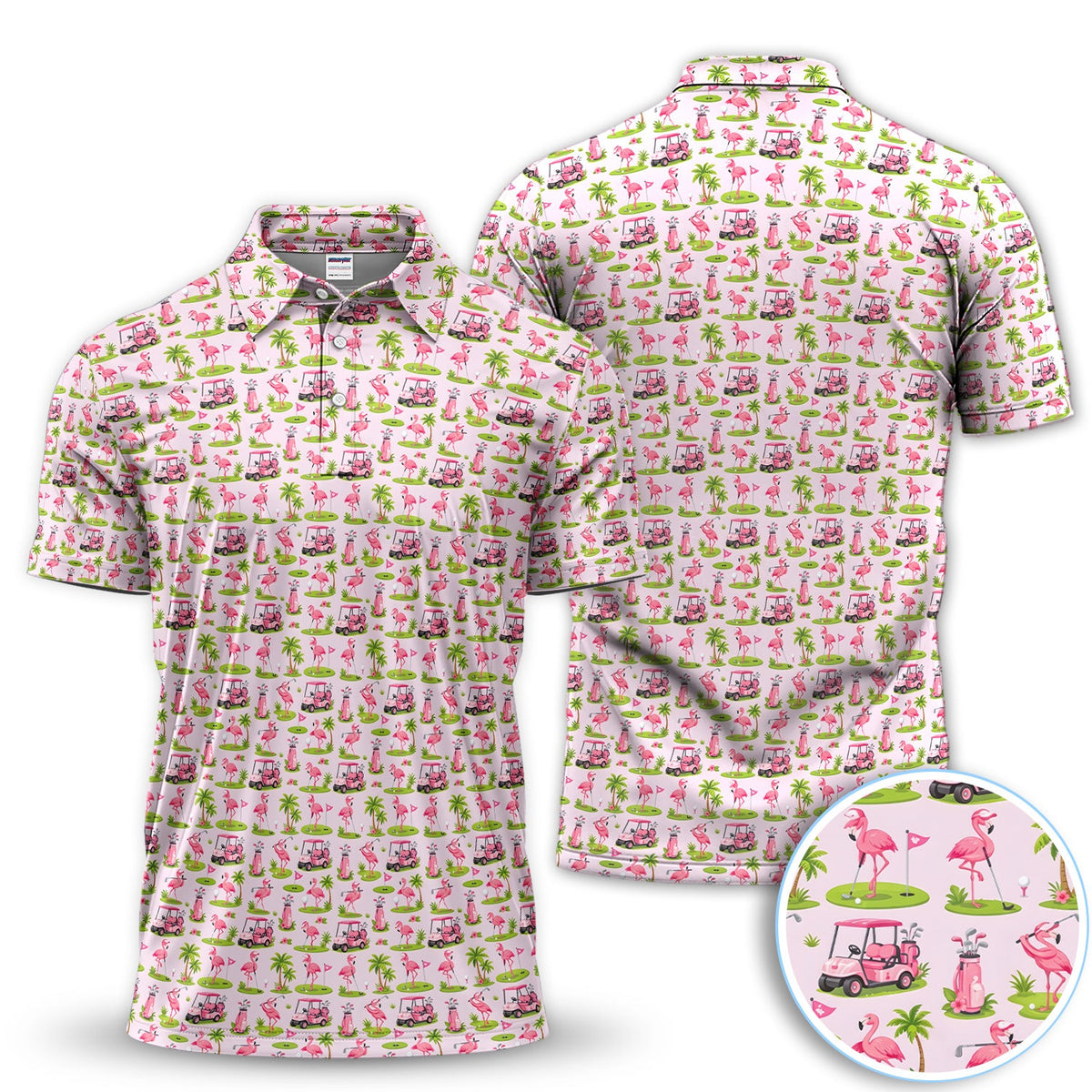 Pink Flamingo Golf Polo Shirt for Men – Tropical Flamingo Golf Cart Pattern Shirt