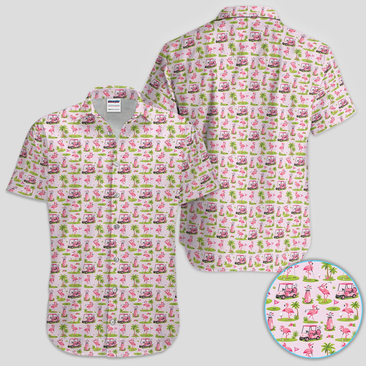 Pink Flamingo Golf Polo Shirt for Men – Tropical Flamingo Golf Cart Pattern Shirt