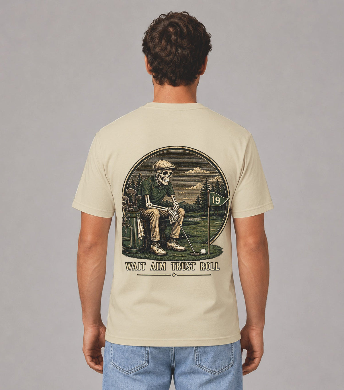Wait Aim Trust Roll Skeleton Golf T-Shirt