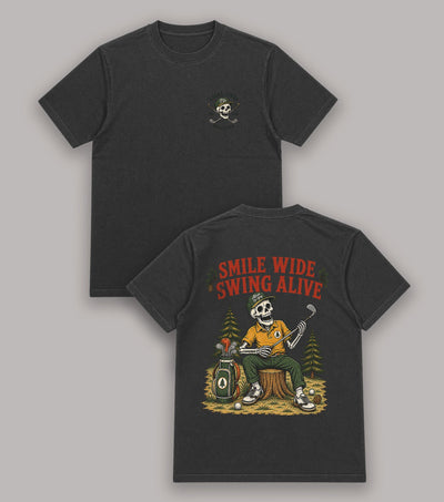 Smile Wide Swing Alive Skeleton Golf T-Shirt