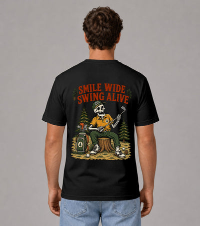 Smile Wide Swing Alive Skeleton Golf T-Shirt