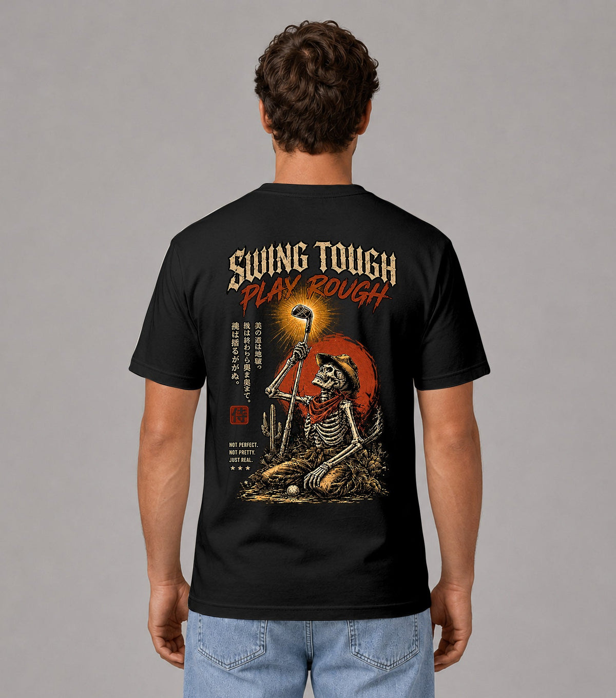Swing Tough Play Rough Cowboy Skeleton Golf T-Shirt