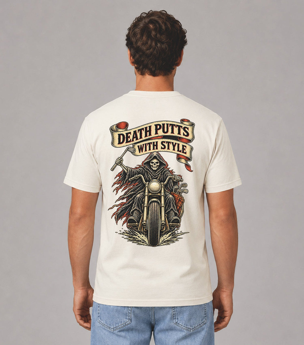 Death Putts With Style Grim Reaper Motorcycle Golf T-Shirt