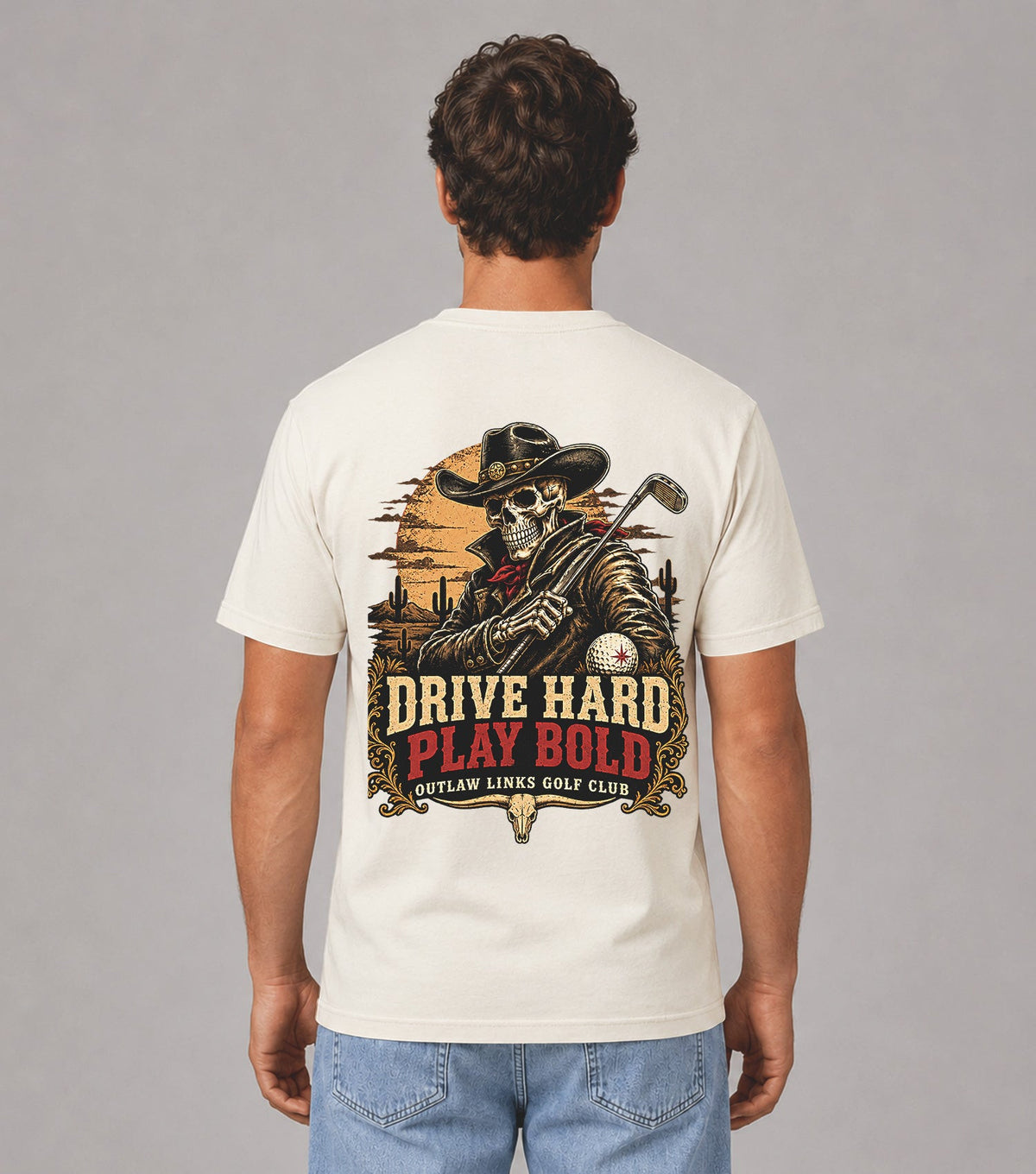 Drive Hard Play Bold Cowboy Skeleton Golf T-Shirt