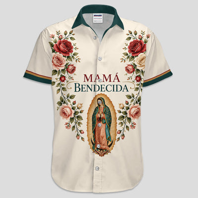 Mamá Bendecida Virgin of Guadalupe Polo Shirt for Men – Catholic Floral Mother’s Day Polo