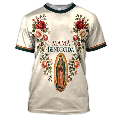 Mamá Bendecida Virgin of Guadalupe Polo Shirt for Men – Catholic Floral Mother’s Day Polo