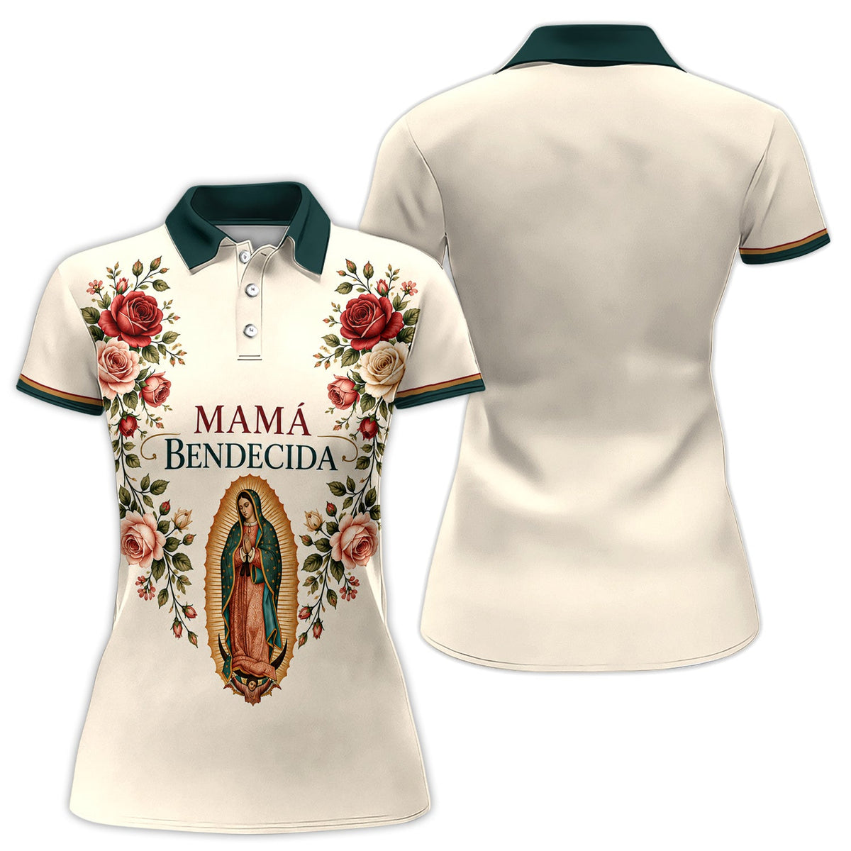 Mamá Bendecida Virgin of Guadalupe Polo Shirt for Men – Catholic Floral Mother’s Day Polo