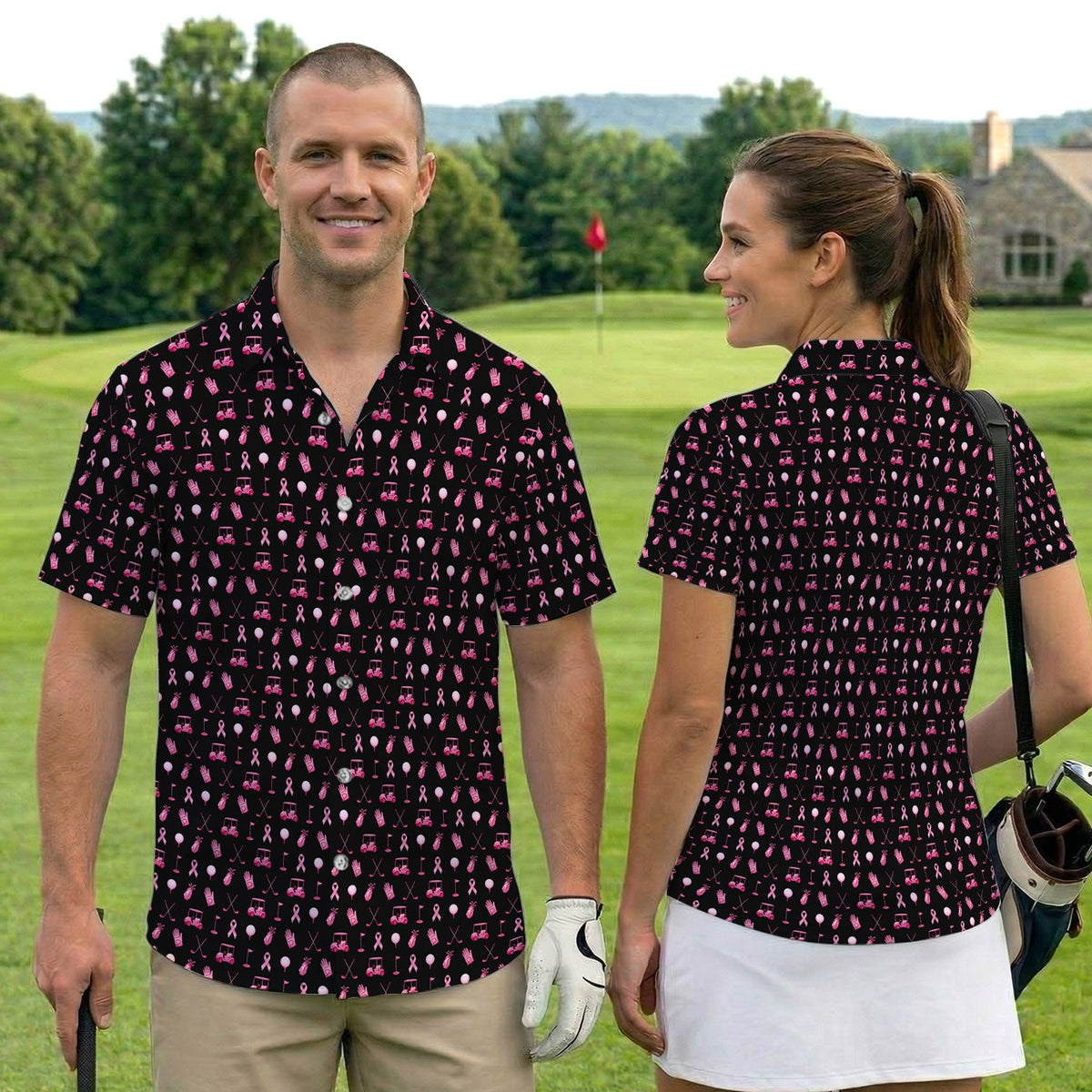 Breast Cancer Awareness Golf Polo Shirt for Men – Pink Ribbon Golfer Pattern Polo