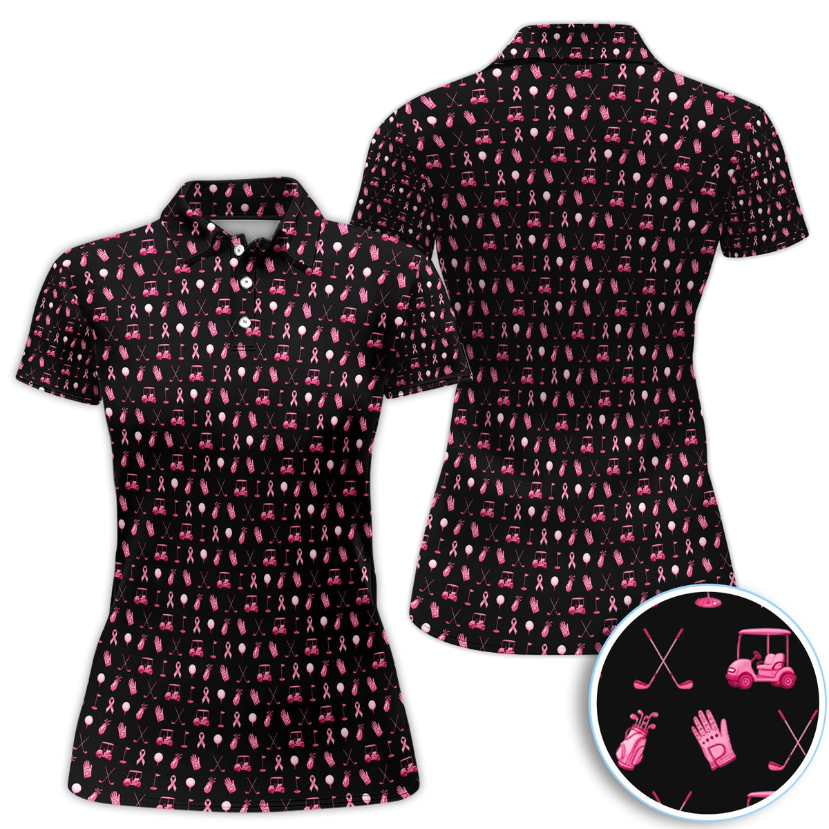 Breast Cancer Awareness Golf Polo Shirt for Men – Pink Ribbon Golfer Pattern Polo