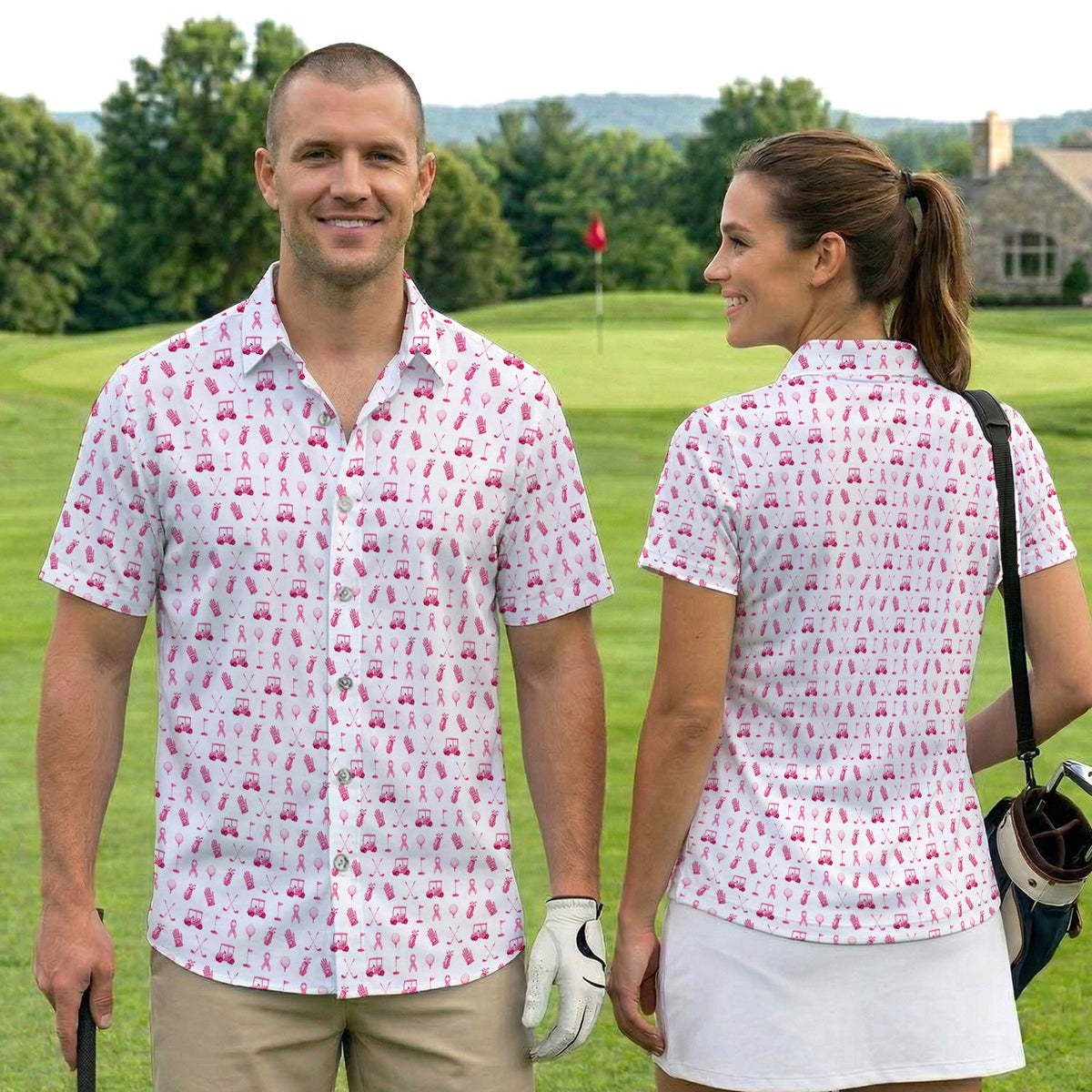 Breast Cancer Awareness Golf Polo Shirt for Men – Pink Ribbon Golfer Pattern Polo